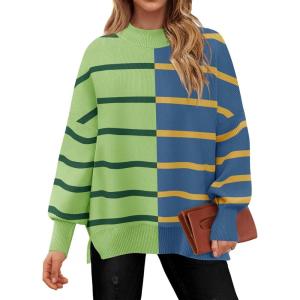 imageZESICA Womens Striped Sweaters Casual Long Sleeve Mock Neck Contrast Color Comfy Loose Knit Pullover TopsGreen