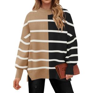 imageZESICA Womens Striped Sweaters Casual Long Sleeve Mock Neck Contrast Color Comfy Loose Knit Pullover TopsKhaki