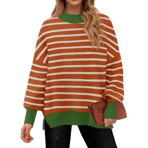 imageZESICA Womens Striped Sweaters Casual Long Sleeve Mock Neck Contrast Color Comfy Loose Knit Pullover TopsOrange