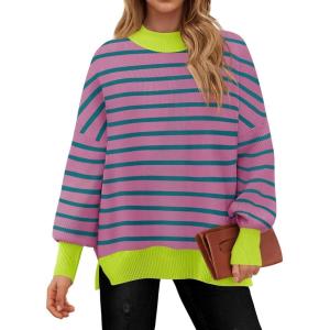 imageZESICA Womens Striped Sweaters Casual Long Sleeve Mock Neck Contrast Color Comfy Loose Knit Pullover TopsPurple