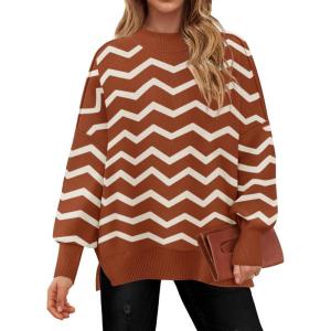 imageZESICA Womens Striped Sweaters Casual Long Sleeve Mock Neck Contrast Color Comfy Loose Knit Pullover TopsRust