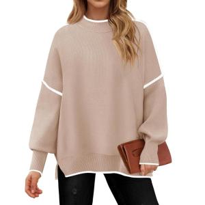 imageZESICA Womens Striped Sweaters Casual Long Sleeve Mock Neck Contrast Color Comfy Loose Knit Pullover TopsSand