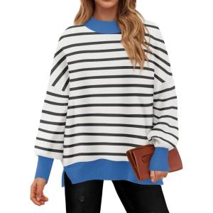 imageZESICA Womens Striped Sweaters Casual Long Sleeve Mock Neck Contrast Color Comfy Loose Knit Pullover TopsWhite