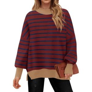 imageZESICA Womens Striped Sweaters Casual Long Sleeve Mock Neck Contrast Color Comfy Loose Knit Pullover TopsWine