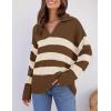 imageZESICA Womens Winter Sweaters Lapel V Neck Long Sleeve Striped Chunky Knit Oversized Pullover Sweater Jumper TopsBrown