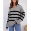 imageZESICA Womens Winter Sweaters Lapel V Neck Long Sleeve Striped Chunky Knit Oversized Pullover Sweater Jumper TopsGrey