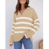 imageZESICA Womens Winter Sweaters Lapel V Neck Long Sleeve Striped Chunky Knit Oversized Pullover Sweater Jumper TopsKhaki