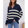 imageZESICA Womens Winter Sweaters Lapel V Neck Long Sleeve Striped Chunky Knit Oversized Pullover Sweater Jumper TopsNavy