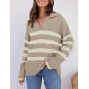 imageZESICA Womens Winter Sweaters Lapel V Neck Long Sleeve Striped Chunky Knit Oversized Pullover Sweater Jumper TopsSand