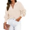 imageZESICA Womens Fall Lapel Collar V Neck Long Sleeve Ribbed Knit Comfy Loose Casual Pullover Sweater Jumper TopBeige