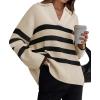 imageZESICA Womens Winter Sweaters Lapel V Neck Long Sleeve Striped Chunky Knit Oversized Pullover Sweater Jumper TopsApricot