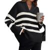 imageZESICA Womens Winter Sweaters Lapel V Neck Long Sleeve Striped Chunky Knit Oversized Pullover Sweater Jumper TopsBlack