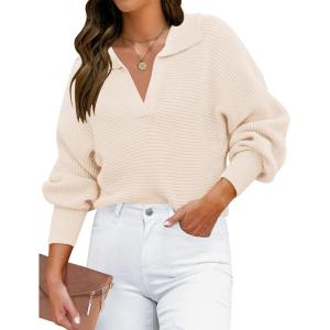 imageZESICA Womens Fall Lapel Collar V Neck Long Sleeve Ribbed Knit Comfy Loose Casual Pullover Sweater Jumper TopBeige