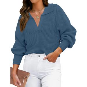 imageZESICA Womens Fall Lapel Collar V Neck Long Sleeve Ribbed Knit Comfy Loose Casual Pullover Sweater Jumper TopBlue