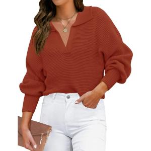 imageZESICA Womens Fall Lapel Collar V Neck Long Sleeve Ribbed Knit Comfy Loose Casual Pullover Sweater Jumper TopBrickred