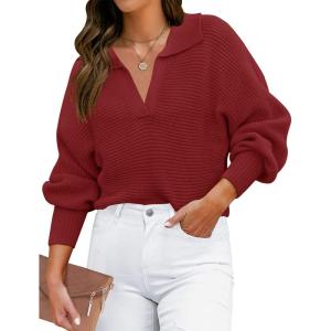 imageZESICA Womens Fall Lapel Collar V Neck Long Sleeve Ribbed Knit Comfy Loose Casual Pullover Sweater Jumper TopBurgundy
