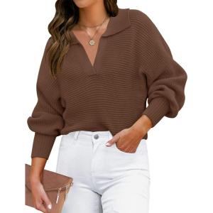 imageZESICA Womens Fall Lapel Collar V Neck Long Sleeve Ribbed Knit Comfy Loose Casual Pullover Sweater Jumper TopCoffee