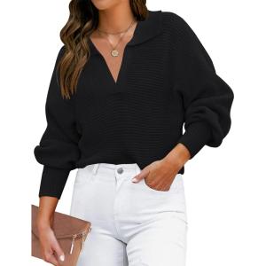 imageZESICA Womens Fall Lapel Collar V Neck Long Sleeve Ribbed Knit Comfy Loose Casual Pullover Sweater Jumper TopDarkblack