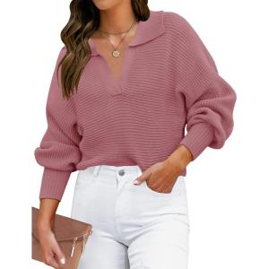 imageZESICA Womens Fall Lapel Collar V Neck Long Sleeve Ribbed Knit Comfy Loose Casual Pullover Sweater Jumper TopDustypink