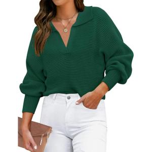 imageZESICA Womens Fall Lapel Collar V Neck Long Sleeve Ribbed Knit Comfy Loose Casual Pullover Sweater Jumper TopForestgreen