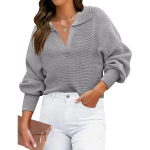 imageZESICA Womens Fall Lapel Collar V Neck Long Sleeve Ribbed Knit Comfy Loose Casual Pullover Sweater Jumper TopGrey