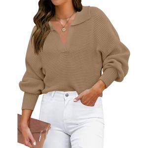 imageZESICA Womens Fall Lapel Collar V Neck Long Sleeve Ribbed Knit Comfy Loose Casual Pullover Sweater Jumper TopKhaki