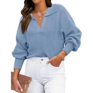 imageZESICA Womens Fall Lapel Collar V Neck Long Sleeve Ribbed Knit Comfy Loose Casual Pullover Sweater Jumper TopLightblue