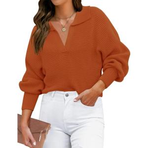 imageZESICA Womens Fall Lapel Collar V Neck Long Sleeve Ribbed Knit Comfy Loose Casual Pullover Sweater Jumper TopMaple