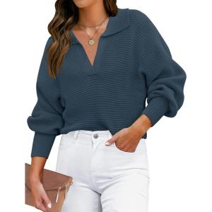 imageZESICA Womens Fall Lapel Collar V Neck Long Sleeve Ribbed Knit Comfy Loose Casual Pullover Sweater Jumper TopNavy
