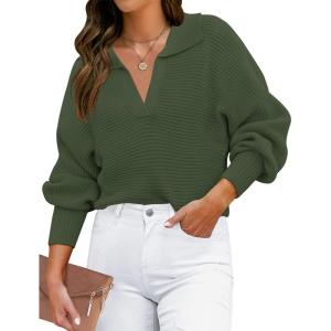 imageZESICA Womens Fall Lapel Collar V Neck Long Sleeve Ribbed Knit Comfy Loose Casual Pullover Sweater Jumper TopOlive