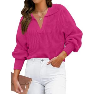 imageZESICA Womens Fall Lapel Collar V Neck Long Sleeve Ribbed Knit Comfy Loose Casual Pullover Sweater Jumper TopRose