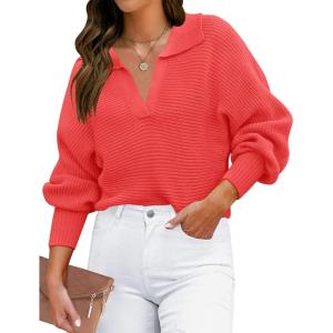 imageZESICA Womens Fall Lapel Collar V Neck Long Sleeve Ribbed Knit Comfy Loose Casual Pullover Sweater Jumper TopWatermelon