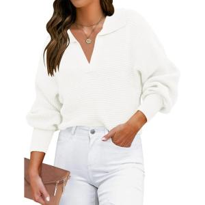 imageZESICA Womens Fall Lapel Collar V Neck Long Sleeve Ribbed Knit Comfy Loose Casual Pullover Sweater Jumper TopWhite