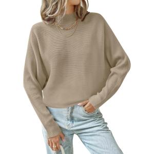 imageZESICA Womens Fall Turtleneck Batwing Long Sleeve Ribbed Knit Casual Soft Pullover Sweater Jumper TopKhaki