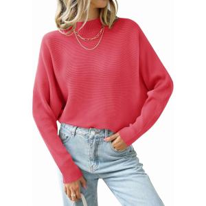 imageZESICA Womens Fall Turtleneck Batwing Long Sleeve Ribbed Knit Casual Soft Pullover Sweater Jumper TopWatermelon