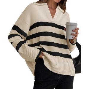 imageZESICA Womens Winter Sweaters Lapel V Neck Long Sleeve Striped Chunky Knit Oversized Pullover Sweater Jumper TopsApricot