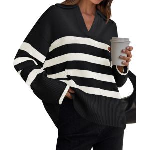 imageZESICA Womens Winter Sweaters Lapel V Neck Long Sleeve Striped Chunky Knit Oversized Pullover Sweater Jumper TopsBlack