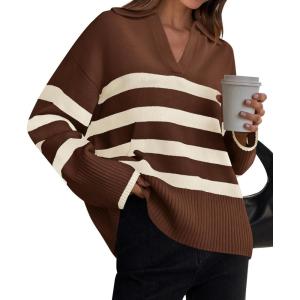 imageZESICA Womens Winter Sweaters Lapel V Neck Long Sleeve Striped Chunky Knit Oversized Pullover Sweater Jumper TopsCoffee