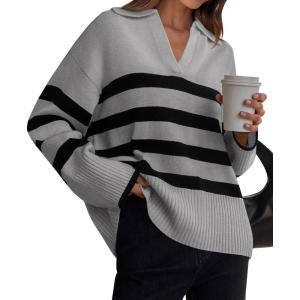 imageZESICA Womens Winter Sweaters Lapel V Neck Long Sleeve Striped Chunky Knit Oversized Pullover Sweater Jumper TopsGrey