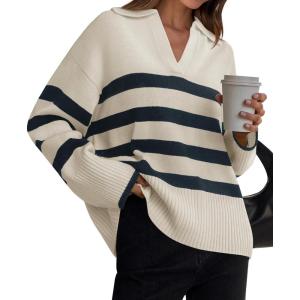 imageZESICA Womens Winter Sweaters Lapel V Neck Long Sleeve Striped Chunky Knit Oversized Pullover Sweater Jumper TopsRoyalblue
