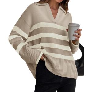 imageZESICA Womens Winter Sweaters Lapel V Neck Long Sleeve Striped Chunky Knit Oversized Pullover Sweater Jumper TopsSand