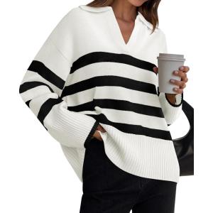 imageZESICA Womens Winter Sweaters Lapel V Neck Long Sleeve Striped Chunky Knit Oversized Pullover Sweater Jumper TopsWhite