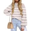 imageZESICA Womens Fall Fashion Turtleneck Long Sleeve Striped Ribbed Knit Loose Pullover Sweater TopsAlmond