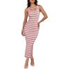 imageZESICA Womens Summer Square Neck Bodycon Midi Dresses 2025 Casual Sleeveless Ribbed Knit Striped Beach Vacation Long DressPink