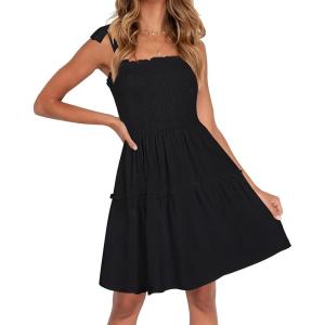 imageZESICA Womens 2025 Summer Spaghetti Strap Sleeveless Square Neck Ruffle A Line Swing Mini DressBlack