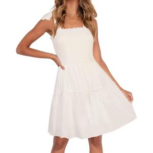 imageZESICA Womens 2025 Summer Spaghetti Strap Sleeveless Square Neck Ruffle A Line Swing Mini DressIvory