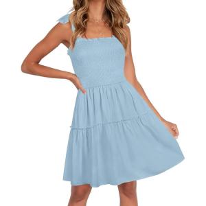 imageZESICA Womens 2025 Summer Spaghetti Strap Sleeveless Square Neck Ruffle A Line Swing Mini DressLightblue