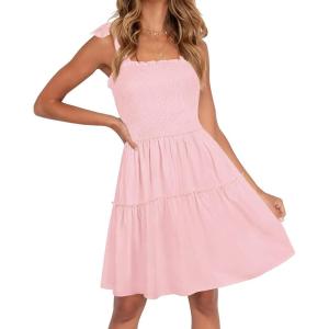imageZESICA Womens 2025 Summer Spaghetti Strap Sleeveless Square Neck Ruffle A Line Swing Mini DressPink