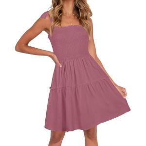 imageZESICA Womens 2025 Summer Spaghetti Strap Sleeveless Square Neck Ruffle A Line Swing Mini DressTaro