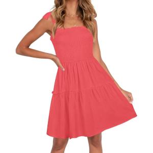 imageZESICA Womens 2025 Summer Spaghetti Strap Sleeveless Square Neck Ruffle A Line Swing Mini DressWatermelon